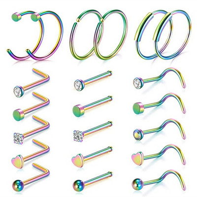 Set de inele pentru nas cu cristale din oțel inoxidabil 20G Set de inele pentru nas în formă de L Set de piercing pentru nară pentru inimă Bijuterii pentru piercing pentru corp.