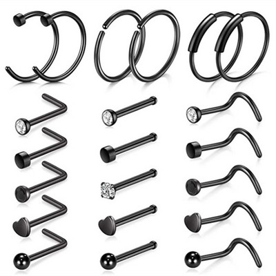 Set de inele pentru nas cu cristale din oțel inoxidabil 20G Set de inele pentru nas în formă de L Set de piercing pentru nară pentru inimă Bijuterii pentru piercing pentru corp.