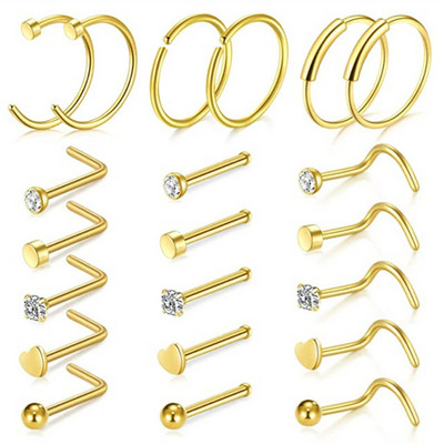 Set de inele pentru nas cu cristale din oțel inoxidabil 20G Set de inele pentru nas în formă de L Set de piercing pentru nară pentru inimă Bijuterii pentru piercing pentru corp.
