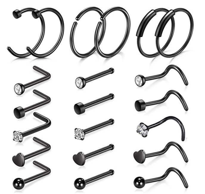 Set de inele pentru nas cu cristale din oțel inoxidabil 20G Set de inele pentru nas în formă de L Set de piercing pentru nară pentru inimă Bijuterii pentru piercing pentru corp.