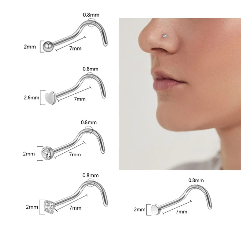 Set de inele pentru nas cu cristale din oțel inoxidabil 20G Set de inele pentru nas în formă de L Set de piercing pentru nară pentru inimă Bijuterii pentru piercing pentru corp.