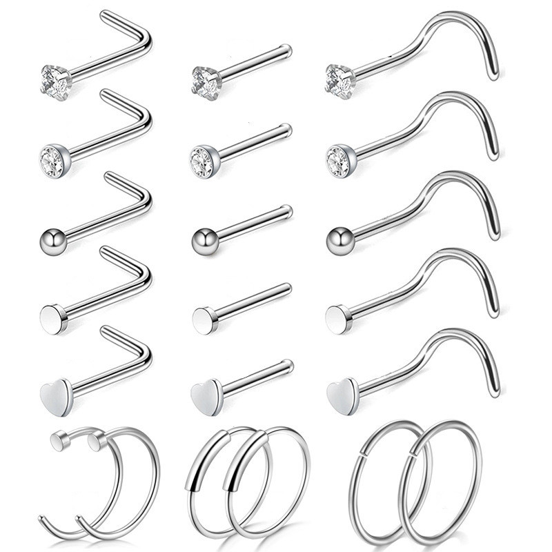 Set de inele pentru nas cu cristale din oțel inoxidabil 20G Set de inele pentru nas în formă de L Set de piercing pentru nară pentru inimă Bijuterii pentru piercing pentru corp.