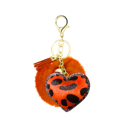 Breloc creativ mic cadou flanel cu imprimeu leopard cu strass, formă unică de fluture în formă de inimă, pandantiv cu bile de păr cu pompon de 8 cm