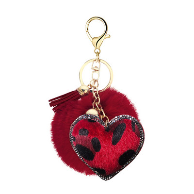 Breloc creativ mic cadou flanel cu imprimeu leopard cu strass, formă unică de fluture în formă de inimă, pandantiv cu bile de păr cu pompon de 8 cm