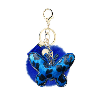 Breloc creativ mic cadou flanel cu imprimeu leopard cu strass, formă unică de fluture în formă de inimă, pandantiv cu bile de păr cu pompon de 8 cm