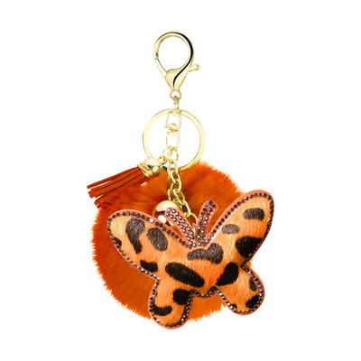 Breloc creativ mic cadou flanel cu imprimeu leopard cu strass, formă unică de fluture în formă de inimă, pandantiv cu bile de păr cu pompon de 8 cm