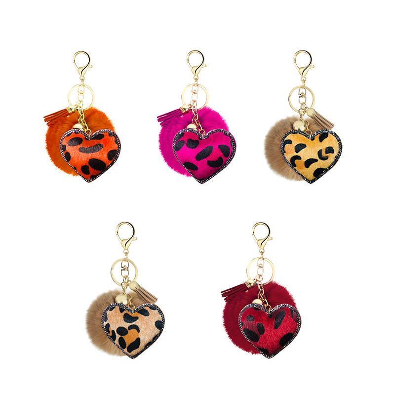 Breloc creativ mic cadou flanel cu imprimeu leopard cu strass, formă unică de fluture în formă de inimă, pandantiv cu bile de păr cu pompon de 8 cm
