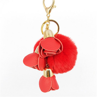 Minge drăguță cu pompon PU trandafiri Breloc din blană lucrat manual Genți Decorare pandantiv Brelocuri Bijuterii Ornamente Cadouri de aniversare pentru copii