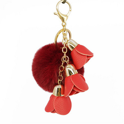 Minge drăguță cu pompon PU trandafiri Breloc din blană lucrat manual Genți Decorare pandantiv Brelocuri Bijuterii Ornamente Cadouri de aniversare pentru copii