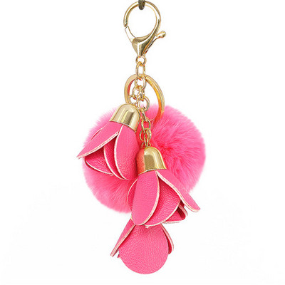 Minge drăguță cu pompon PU trandafiri Breloc din blană lucrat manual Genți Decorare pandantiv Brelocuri Bijuterii Ornamente Cadouri de aniversare pentru copii