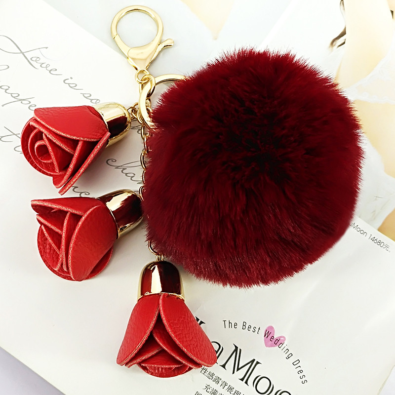 Minge drăguță cu pompon PU trandafiri Breloc din blană lucrat manual Genți Decorare pandantiv Brelocuri Bijuterii Ornamente Cadouri de aniversare pentru copii