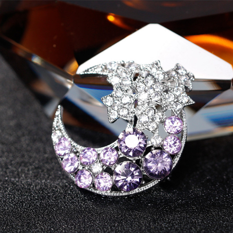 Broșă de lună strălucitoare pentru femei, bijuterii pentru petrecere, violet albastru, broșe cu strasuri, ace pentru costum, accesorii de modă