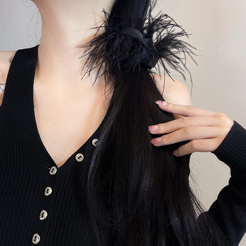 2022 Черни щраусови пера Въже за коса Шапки Поставка за скрънчи Дамски аксесоари за коса Еластични ленти за коса