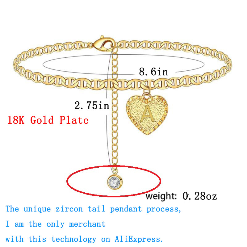 Brățară de gleznă cu inițiale inimii Bratara de glezna pentru femei de culoare aurie cu zircon litera Accesorii pentru picioarele goale Bratara pentru picioare Bijuterii de ziua mamei