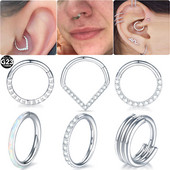 1PC Inele de titan pentru nas CZ Inele de clic pentru septum cu balamale Nariz Piercing Ureche Cartilage Tragus Helix Daith Piercing Buze Nez Opal 16G