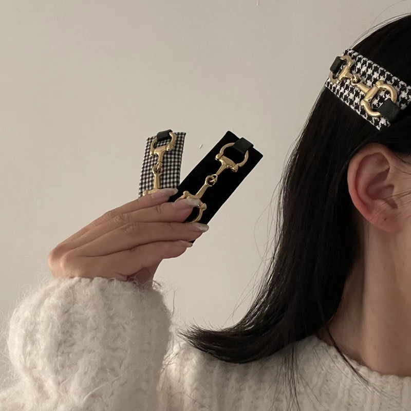 Fflacell Coreea de epocă cataramă metalică negru alb catifea Houndstooth grilă agrafă bentiță pentru fete temperament accesorii de păr
