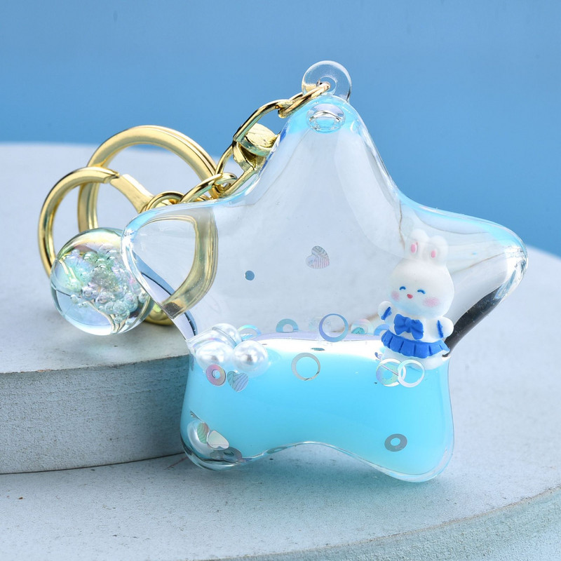 Breloc cu breloc cu mărgele acrilice albastru din desene animate, drăguț, acadea plutitoare, iepure, paiete, breloc de modă, bomboane lichide, iepuraș, păpușă