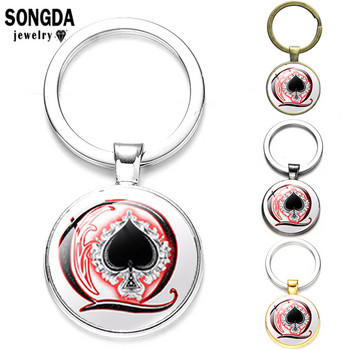 SONGDA New Peach Heart Letter Q Queen Keychain Personality Poker Spades Q Club Glass Cabochon μπρελόκ αυτοκινήτου Μπρελόκ για ανδρικά κοσμήματα