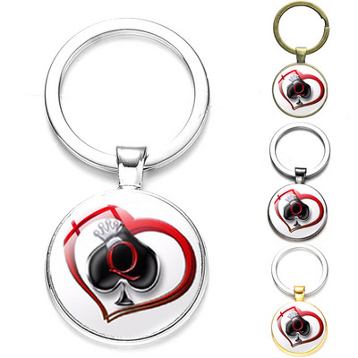 SONGDA New Peach Heart Letter Q Queen Keychain Personality Poker Spades Q Club Glass Cabochon Ключодържател Автомобилен ключодържател Men Hewelry