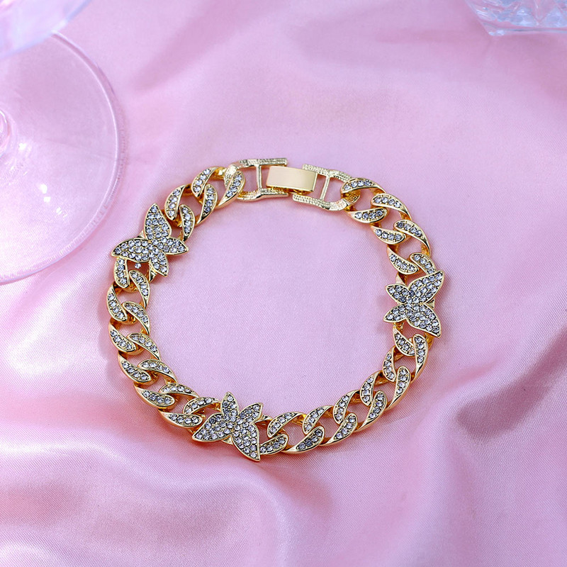 Bratara de glezna cu stras cu lanț de zale cubaneze punk pentru femei, de culoare auriu, argint, cu cristale de fluture, brățară pe picior, bijuterii pentru picioare