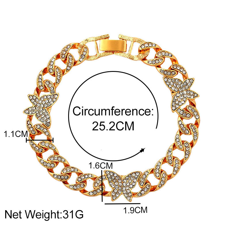 Bratara de glezna cu stras cu lanț de zale cubaneze punk pentru femei, de culoare auriu, argint, cu cristale de fluture, brățară pe picior, bijuterii pentru picioare