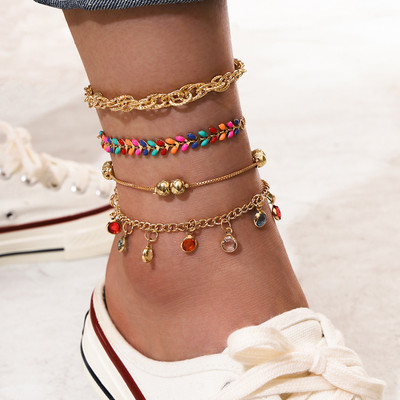 Bohemia Colorful Crystal Glezen Set for Women Summer Beach Glezen Гривна златен цвят Верига за крака на крака Момичета Boho Jewelry
