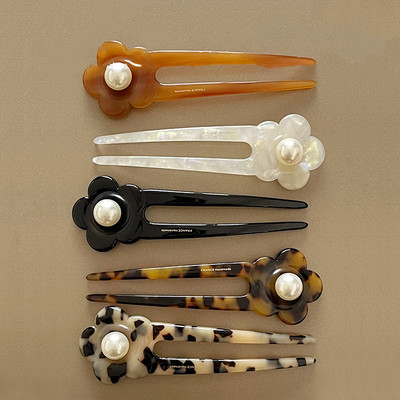 Francia Retro Hair Stick U alakú Hajtű Acetát Szilva Gyöngy Virág Hajcsat Női Haj Kiegészítők Menyasszonyi ékszerek