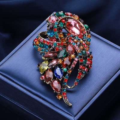 Broșe mari, vintage, de lux, cu flori de cristal, curcubeu, de culoare argintie, broșă din aliaj de plante cu strasuri, ace de petrecere pentru doamnă