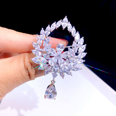 Broșe mari, vintage, de lux, cu flori de cristal, curcubeu, de culoare argintie, broșă din aliaj de plante cu strasuri, ace de petrecere pentru doamnă