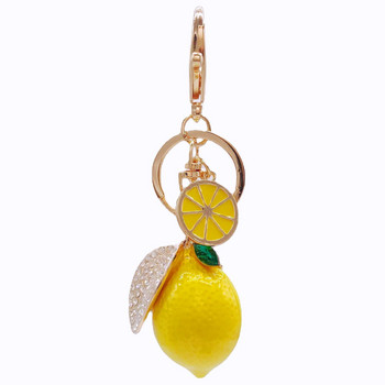 Νέο χαριτωμένο Rhinestone Simulation Fruit Small Lemon Keychain Cartoon Γυναικεία τσάντα αυτοκινήτου Δαχτυλίδι μπρελόκ K5121