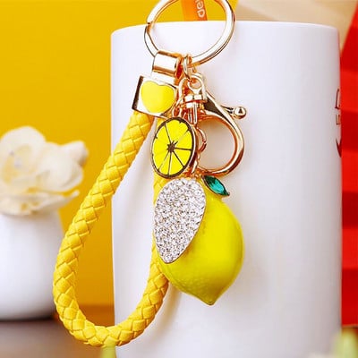 Νέο χαριτωμένο Rhinestone Simulation Fruit Small Lemon Keychain Cartoon Γυναικεία τσάντα αυτοκινήτου Δαχτυλίδι μπρελόκ K5121