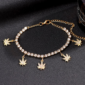 Bohemia Summer Maple Leaf Rhinestone Charm Анкети Блестящ Кристал Тенис Анкета за жени Бижута за плажни крака Гривни с верига за крака