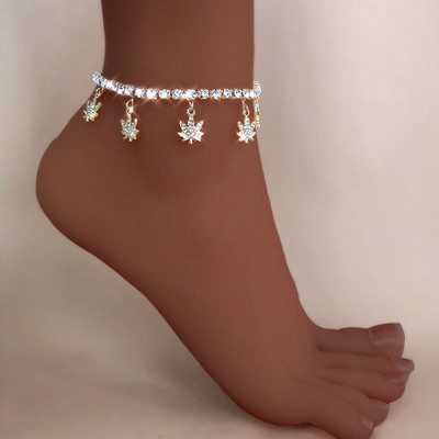 Bohemia Summer Maple Leaf Rhinestones Charm Anklets Shiny Crystal Tennis Anklets za žene Nakit za plažu Nakit za noge Narukvice s lančićima