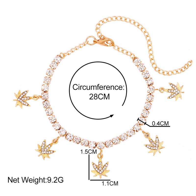 Boemia de vară frunze de arțar cu strass gleznă gleznă cristal strălucitor tenis gleznă pentru femei plajă bijuterii picioare brățări cu lanț pentru picioare