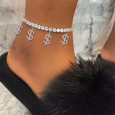 Bling strasszos újdonság dollárjel medál bokalánc női arany ezüst színű kristály tenisz lánc bokalánc strand mezítlábas ékszer