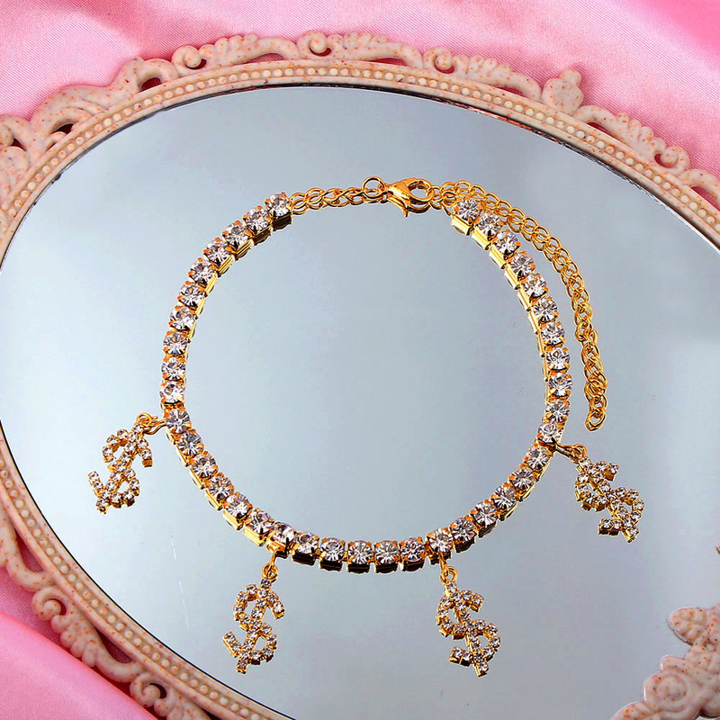 Bling strasszos újdonság dollárjel medál bokalánc női arany ezüst színű kristály tenisz lánc bokalánc strand mezítlábas ékszer