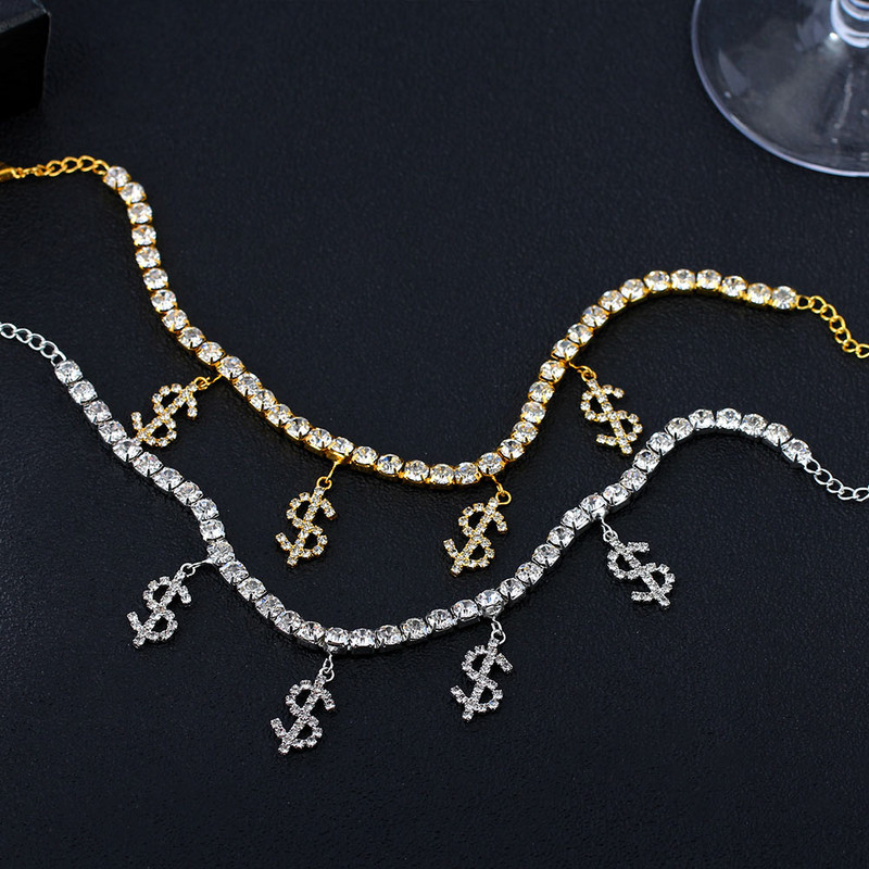 Bling strasszos újdonság dollárjel medál bokalánc női arany ezüst színű kristály tenisz lánc bokalánc strand mezítlábas ékszer