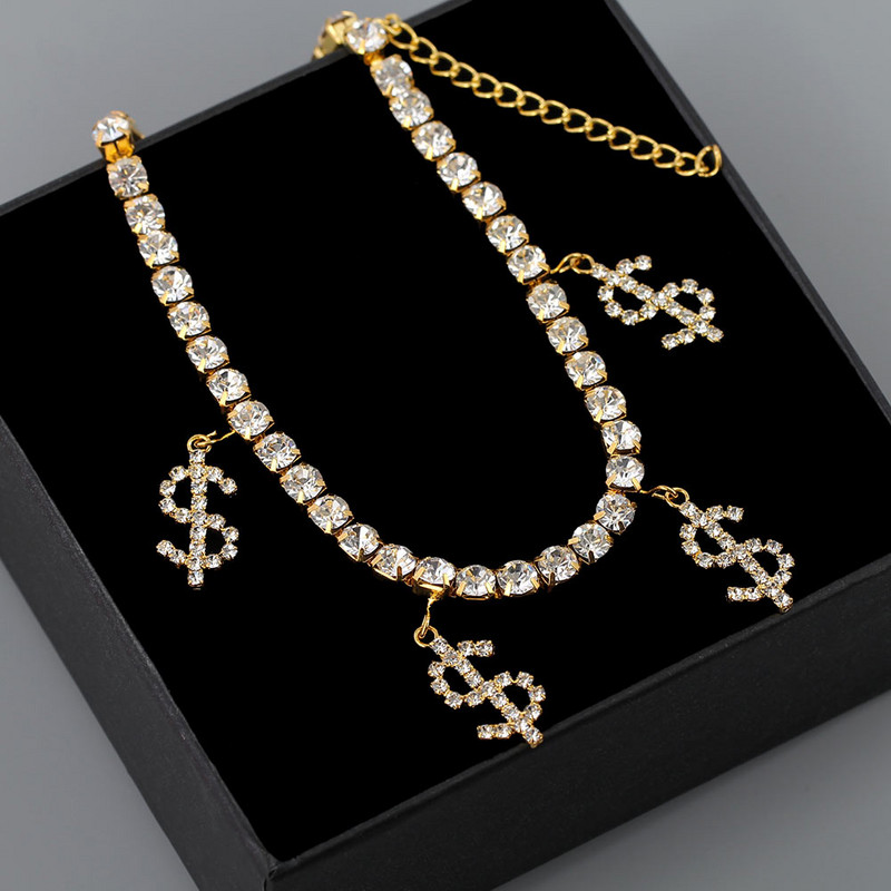 Bling strasszos újdonság dollárjel medál bokalánc női arany ezüst színű kristály tenisz lánc bokalánc strand mezítlábas ékszer