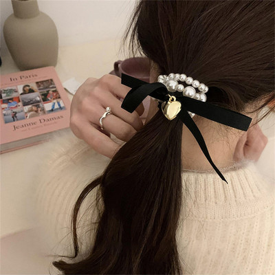 Vintage Pearl Bowknot Fém Szív Haj Kötél Női Rugalmas Hajpántok Lófarok Tartók Gumi Lány Hajkiegészítők Gyöngy karkötő