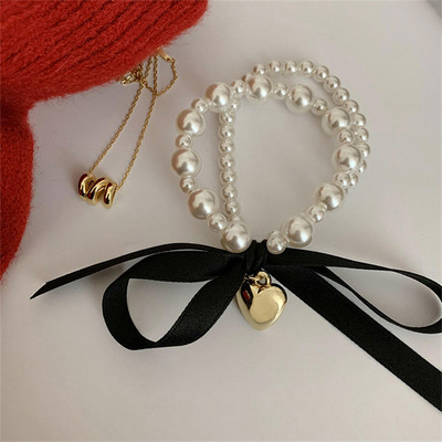 Vintage Pearl Bowknot Metal Inimă Păr Frânghie Femei Elastic Păr Benzi Suporturi pentru coadă de cal Cauciuc Fată Păr Accesorii Brățară de perle