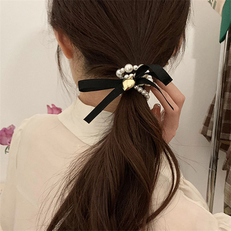 Vintage Pearl Bowknot Metal Inimă Păr Frânghie Femei Elastic Păr Benzi Suporturi pentru coadă de cal Cauciuc Fată Păr Accesorii Brățară de perle