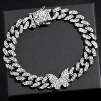 Пънк Bling Butterfly Rhinestone Cuban Link Chain Glezen za Women 13 mm Iced Out Cuban Hip Hop Glezen Glezen Гривна Barefoot Jewelry