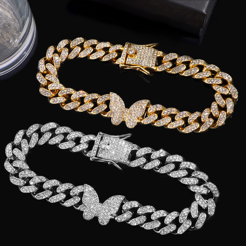 Punk Bling pillangó strassz kubai linklánc bokalánc női 13 mm-es jeges kubai hip-hop bokalánc karkötő mezítlábas ékszer