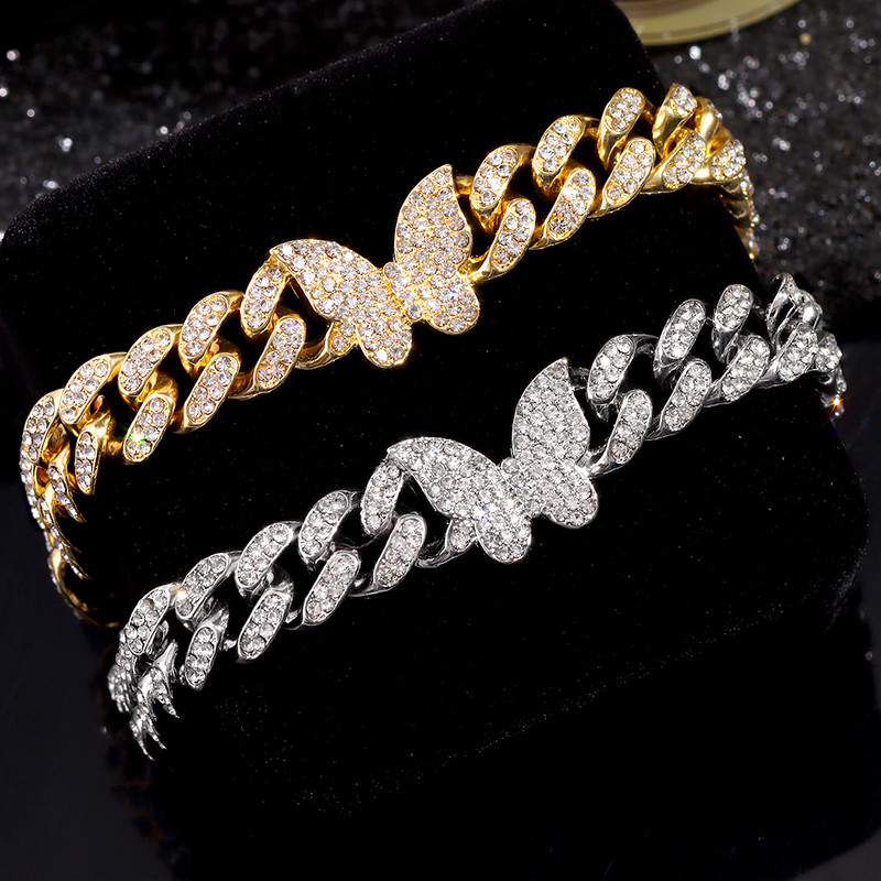 Punk Bling pillangó strassz kubai linklánc bokalánc női 13 mm-es jeges kubai hip-hop bokalánc karkötő mezítlábas ékszer