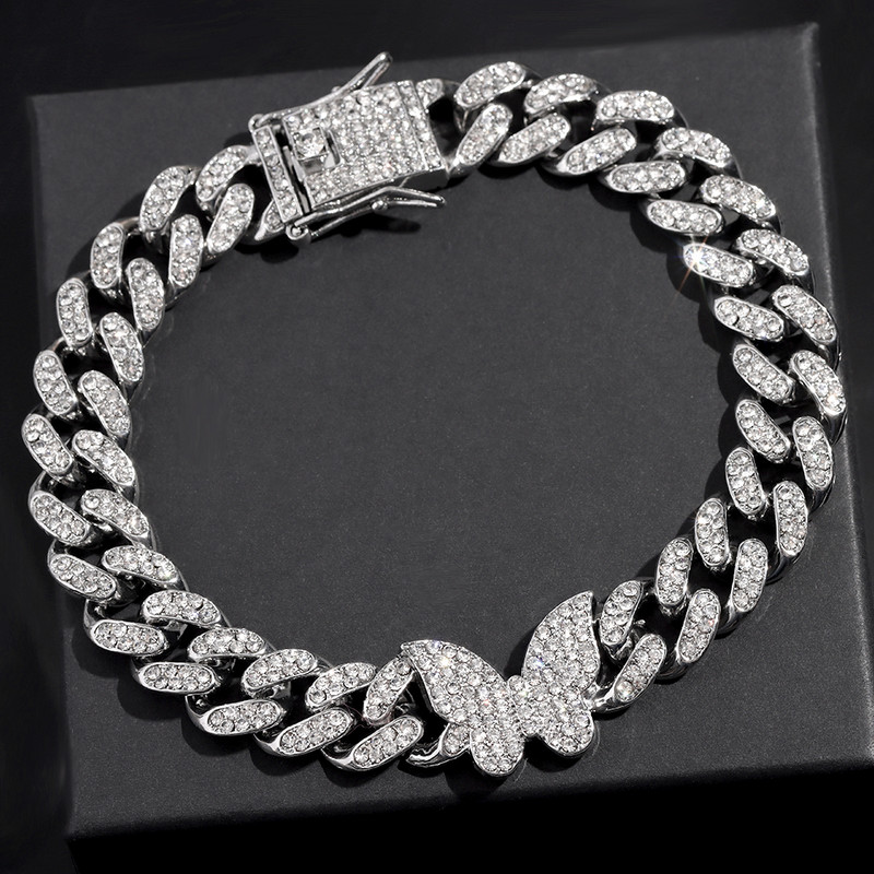 Punk Bling pillangó strassz kubai linklánc bokalánc női 13 mm-es jeges kubai hip-hop bokalánc karkötő mezítlábas ékszer
