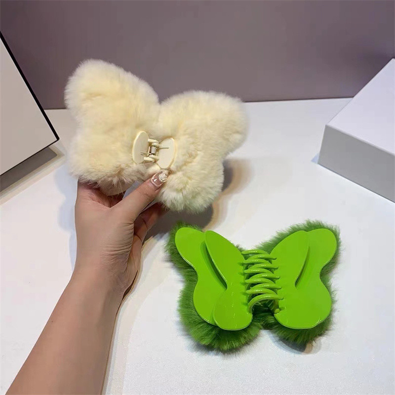 Toamnă și iarnă, pluș, verde, fluture, crab, clemă de păr, dimensiune mare, gheare de păr din blană de iepure Rex, pentru femei, accesorii de păr