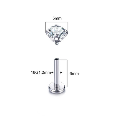 1PC Inele pentru buze Titanium CZ Labret cu filet intern Zircon Monroe 16G Tragus Helix Piercing pentru cartilajul urechii Cercei femei