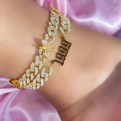 Хип-хоп Iced Out глезени с кубинска верига от кристали за жени Година на раждане Номер на глезена Crystal Butterfly Foot Chain Гривна Бижута
