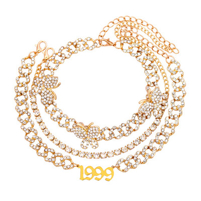 Hip hop cu gheață strasuri cu lanț cubanez gleznă pentru femei Anul nașterii număr gleznă cristal fluture picior lanț brățară bijuterii