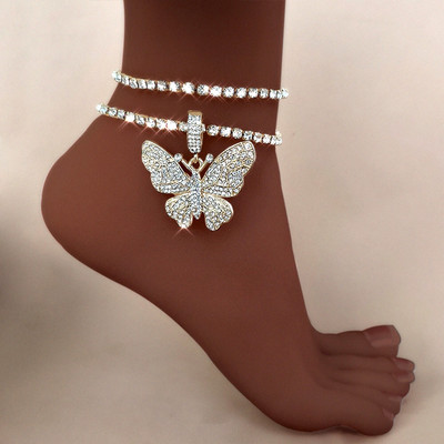 Bling Tennis Chain Rhinestone Anklet Big Butterfly Crystal μενταγιόν για γυναίκες Πολυεπίπεδο βραχιόλι με αλυσίδα ποδιών κοσμήματα